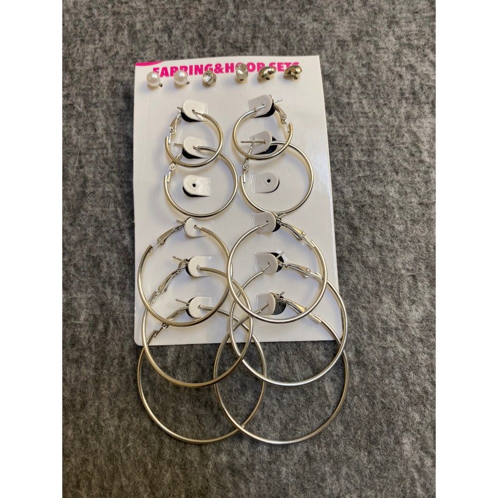 8 Pair Silver Tone Earring Set Faux Pearl Crystal Heart Studs Graduated Hoops